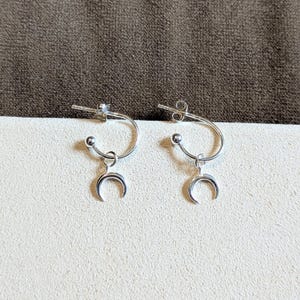 Downward Crescent MoOn Mini Hoop Huggie Earrings, Silver- 12mm - - LadybugfeetDesigns -