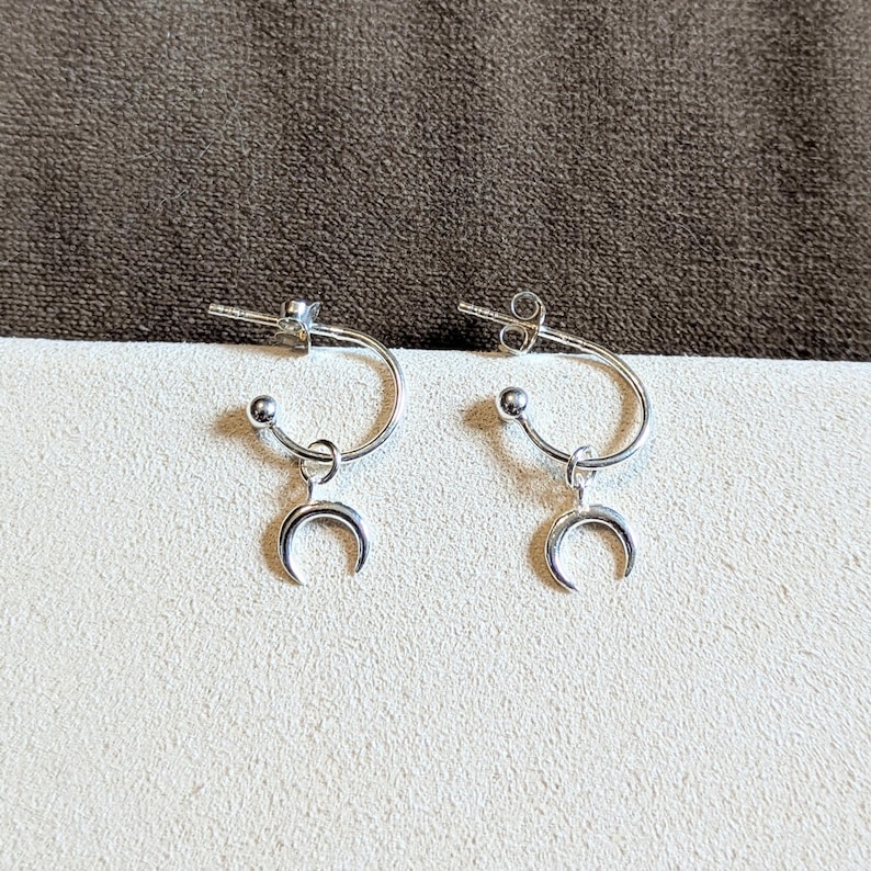 Downward Crescent MoOn Mini Hoop Huggie Earrings, Silver- 12mm - - LadybugfeetDesigns -