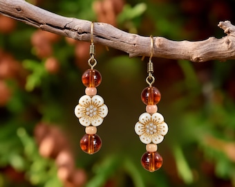Boho Amber Flower Hook Earrings, Bronze