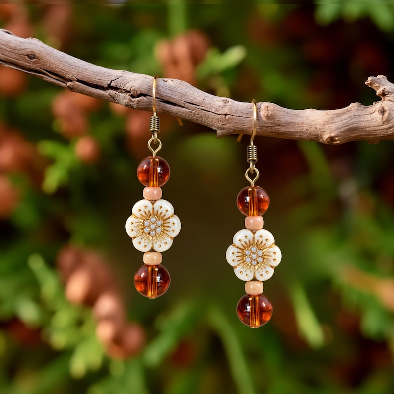 Boho Amber Flower Hook Earrings, Bronze - - LadybugfeetDesigns -