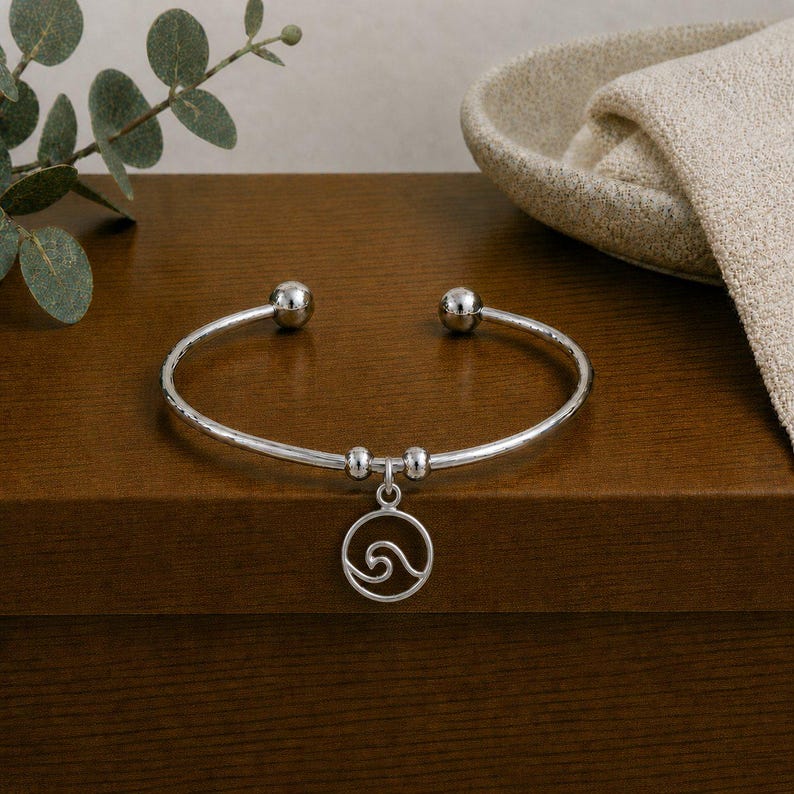Ocean Wave Euro Bangle Cuff, Silver - - LadybugfeetDesigns -