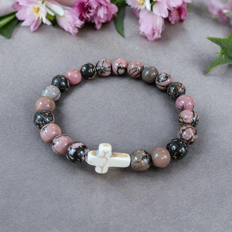 Rhodonite Pink Zebra Beaded Cross Stretch bracelet - - LadybugfeetDesigns -