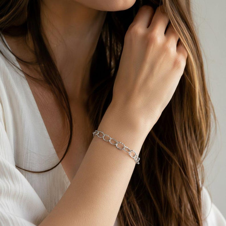 Silver Hammered Oval Link Charm Bracelet Base - D.i.y. - Build Your Charm Bracelet! - - LadybugfeetDesigns -