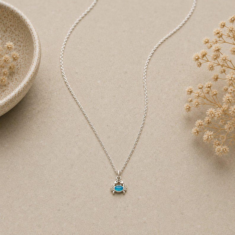 Tiny Blue Crystal Crab Necklace, 20 inches - Silver - - LadybugfeetDesigns -