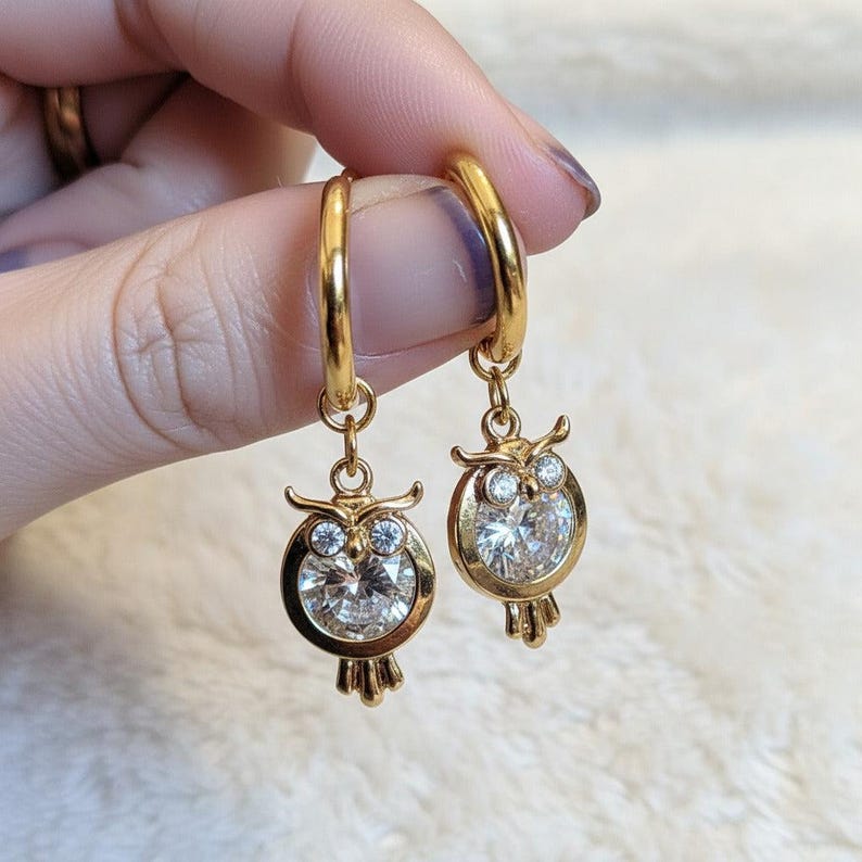 CZ Owl Hoop earrings, Gold -12mm - - LadybugfeetDesigns -