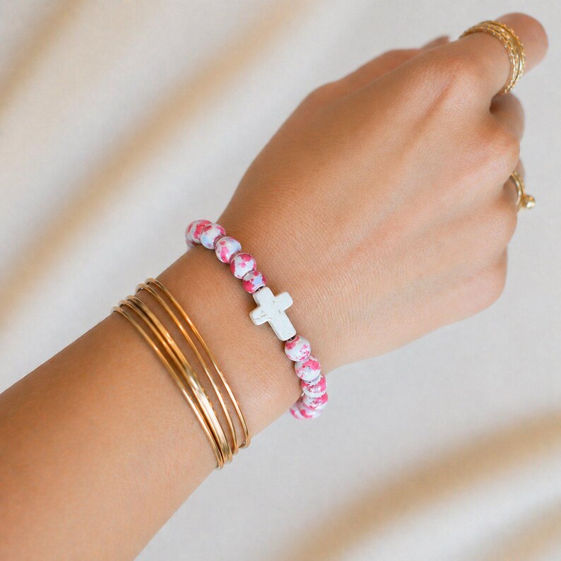 Hot Pink Baby Blue Beaded Cross Stretch bracelet - - LadybugfeetDesigns -