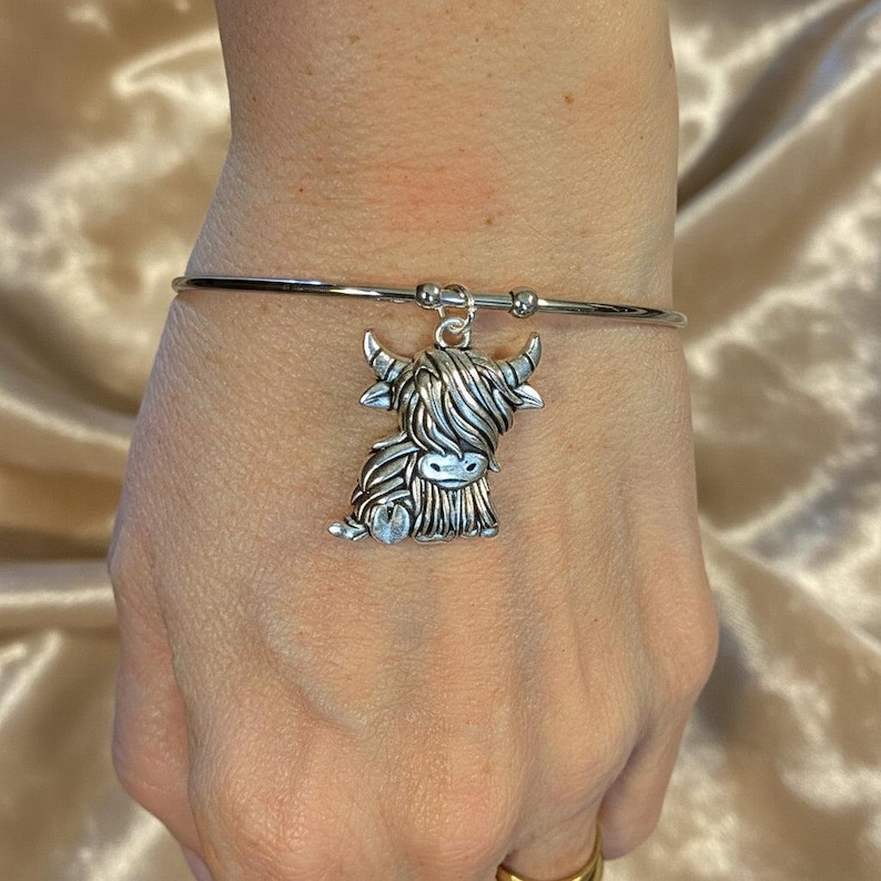 Scottish Highland Cow Euro Bangle Cuff, Silver - - LadybugfeetDesigns -