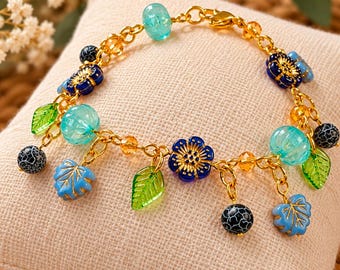 Botanical Blue Crystal Bead Bracelet, Gold