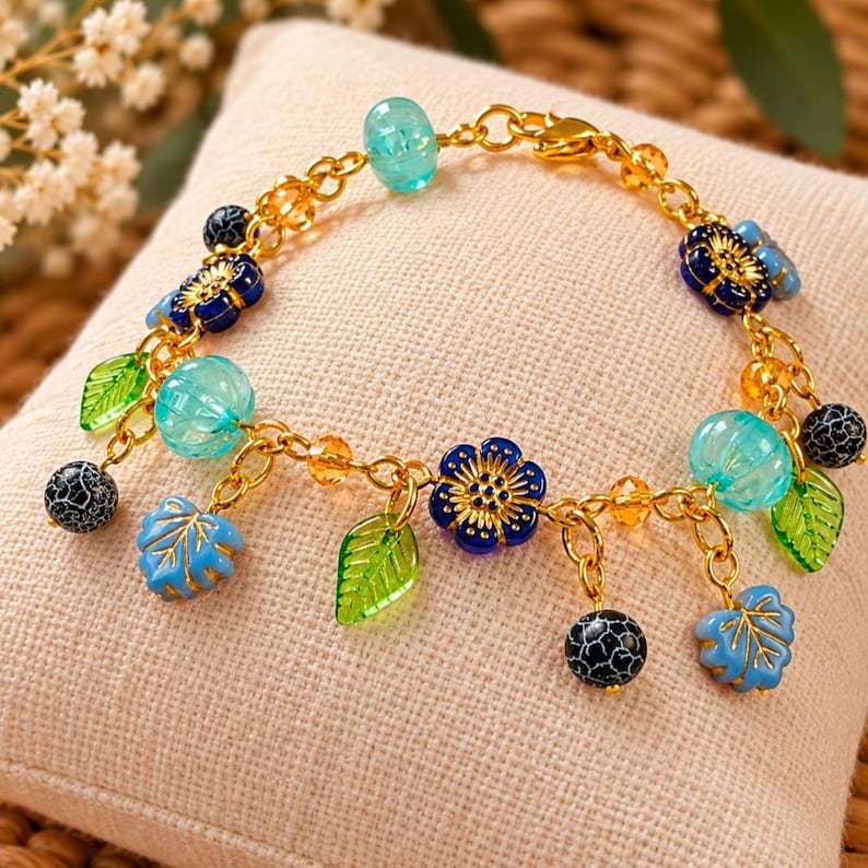 Botanical Blue Crystal Bead Bracelet, Gold - - LadybugfeetDesigns -
