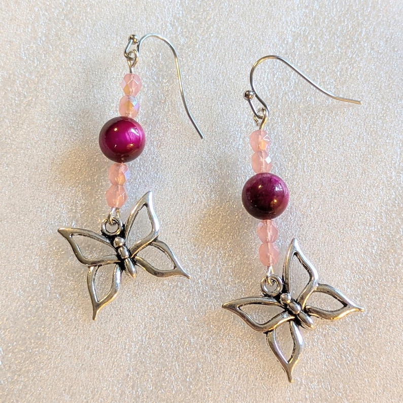 Pink Tiger's Eye Beaded Butterfly Earrings - - LadybugfeetDesigns -
