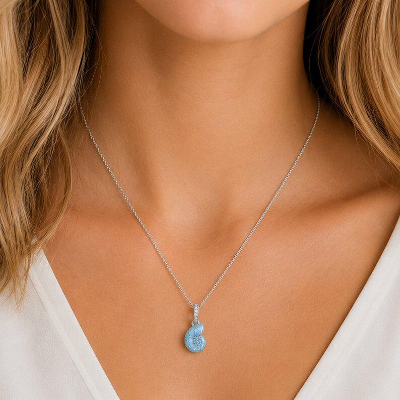 Blue Sea Snail Necklace, 20 inches - Silver - - LadybugfeetDesigns -