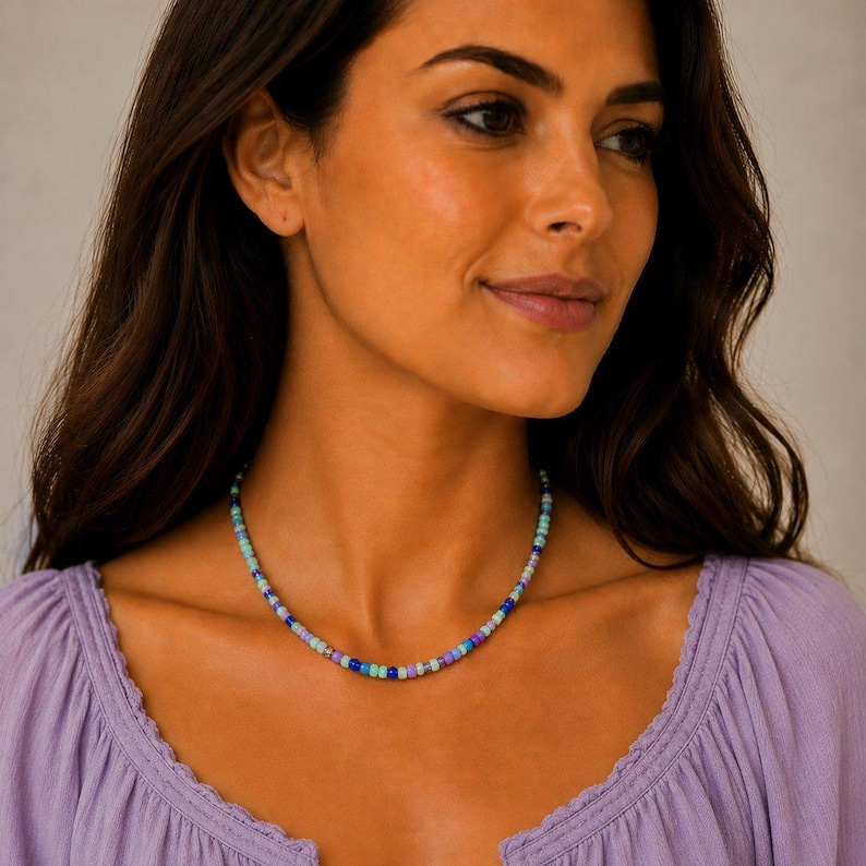 Purple Teal Beaded Choker Necklace - 16 inch - - LadybugfeetDesigns -