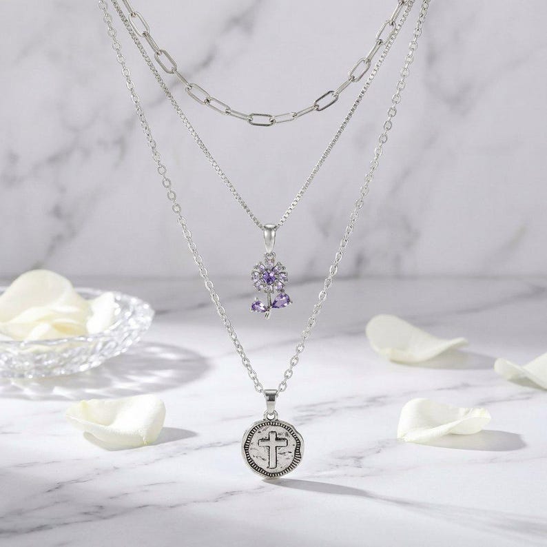 CZ Flower/Dragonfly Cross Layered Necklace Set, Silver - - LadybugfeetDesigns -