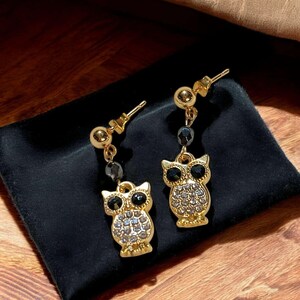 CZ Owl Charm Drop Stud Earrings-Gold - - LadybugfeetDesigns -