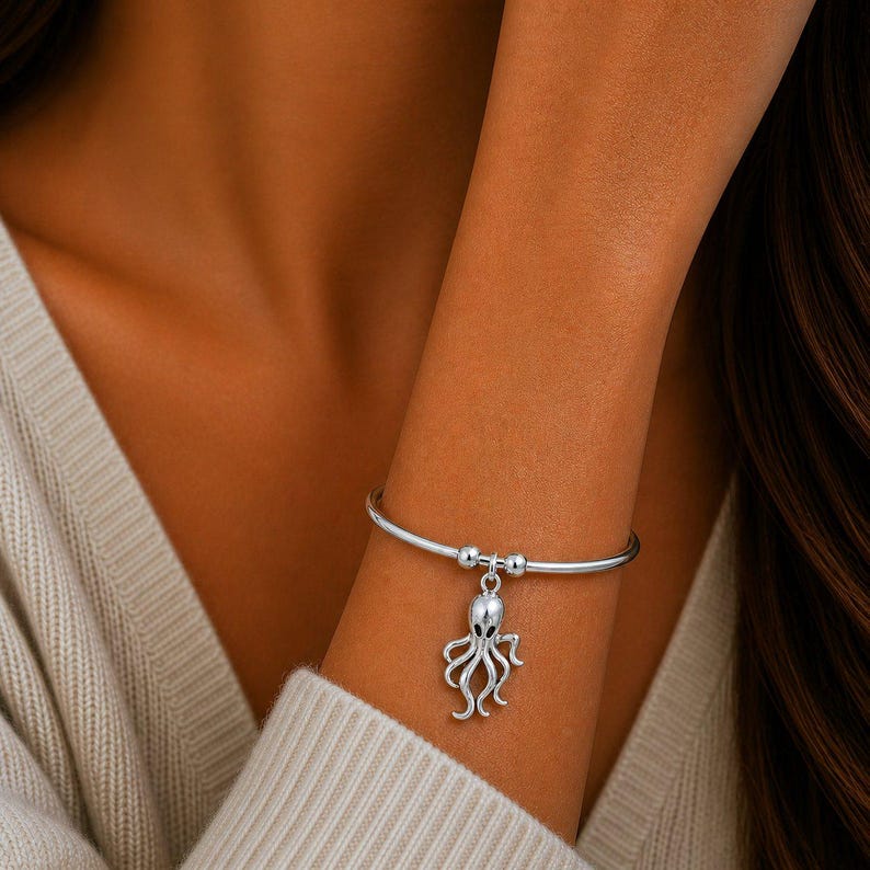 Octopus Euro Bangle Cuff, Silver - - LadybugfeetDesigns -