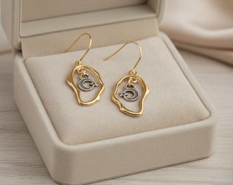Crescent Moon Star dangle earrings, Two-Tone