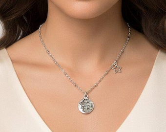 Crescent Moon Face/CZ Star Reversible Necklace, Silver - 16 - 18 inches