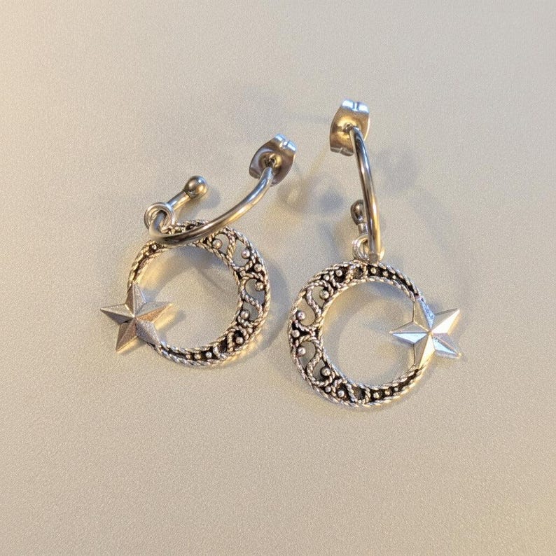 Fancy Crescent Moon Star Hoop Earrings, Silver - 16mm - - LadybugfeetDesigns -