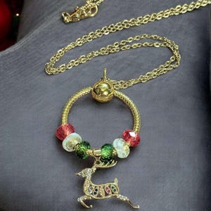 Gold Reindeer Charm Keeper Necklace, Approx. 26 inches - - LadybugfeetDesigns -