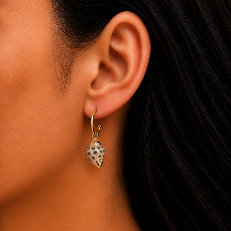 Gold Rimmed Natural Conch Seashell gold hoop earrings, Hoop Drop, 16mm - - LadybugfeetDesigns -