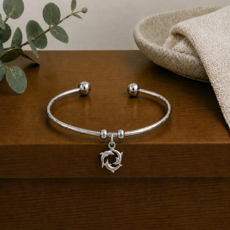 Dolphin Trio Euro Bangle Cuff, Silver - - LadybugfeetDesigns -