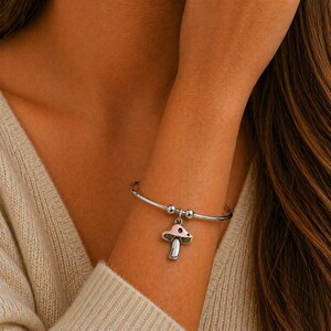 Mushroom Euro Bangle Cuff, Silver - - LadybugfeetDesigns -