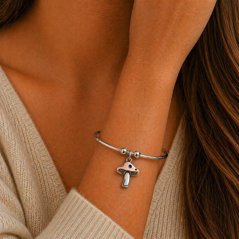 Mushroom Euro Bangle Cuff, Silver - - LadybugfeetDesigns -