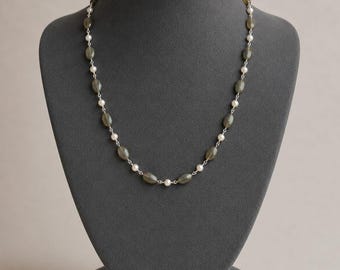 Labradorite Oval Bead and Pearl Necklace, 20 inch