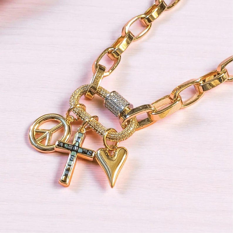Peace & Love Carabiner Necklace, Gold - 20 inch - - LadybugfeetDesigns -