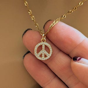 Sparkly Peace Sign necklace, Gold- 20 inch - - LadybugfeetDesigns -