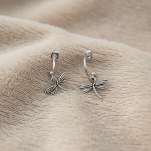DRAGONFLY Sterling Hoop Earrings, Hoop Drop - - LadybugfeetDesigns -