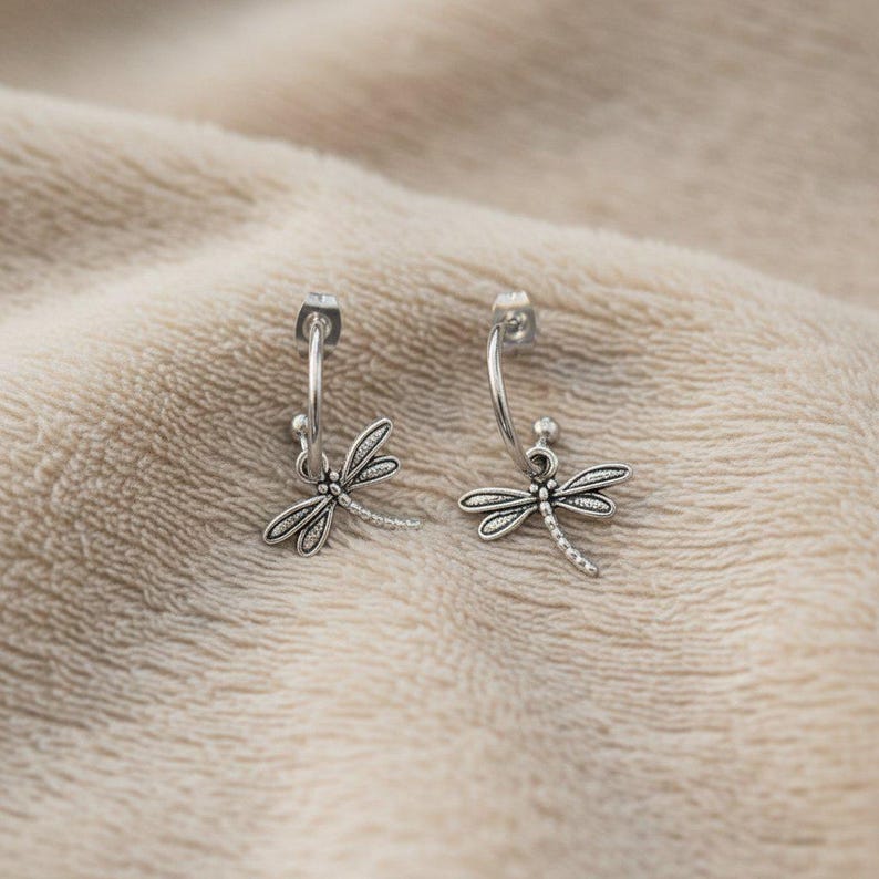 DRAGONFLY Sterling Hoop Earrings, Hoop Drop - - LadybugfeetDesigns -