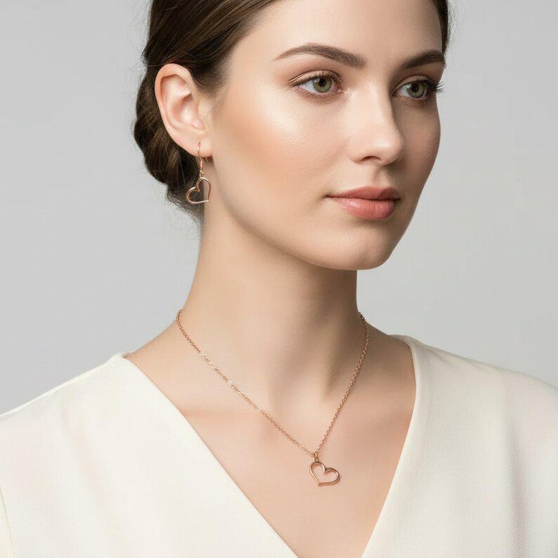 Open Heart necklace and earring set, Rose-Gold - 18 inch - - LadybugfeetDesigns -