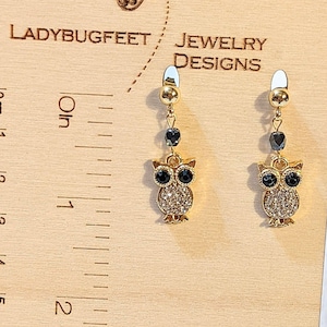 CZ Owl Charm Drop Stud Earrings-Gold - - LadybugfeetDesigns -