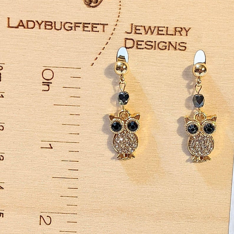 CZ Owl Charm Drop Stud Earrings-Gold - - LadybugfeetDesigns -