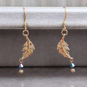 Peacock Crystal Feather Rose Gold dangle earrings - - LadybugfeetDesigns -