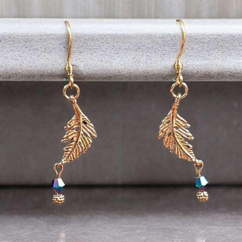 Peacock Crystal Feather Rose Gold dangle earrings - - LadybugfeetDesigns -