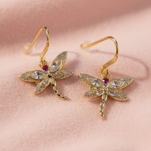 CZ Dragonfly dangle earrings, Gold - - LadybugfeetDesigns -