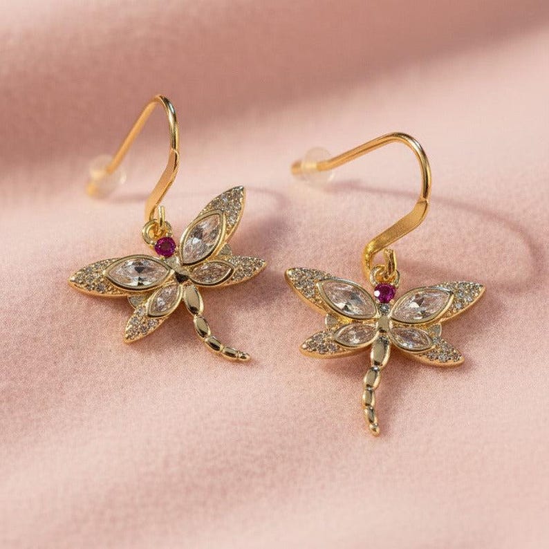 CZ Dragonfly dangle earrings, Gold - - LadybugfeetDesigns -