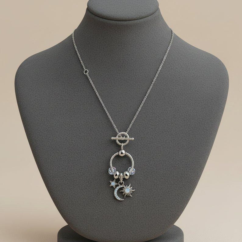 Moon Sun Star Sterling Silver Toggle Charm Necklace, 20 inches - - LadybugfeetDesigns -