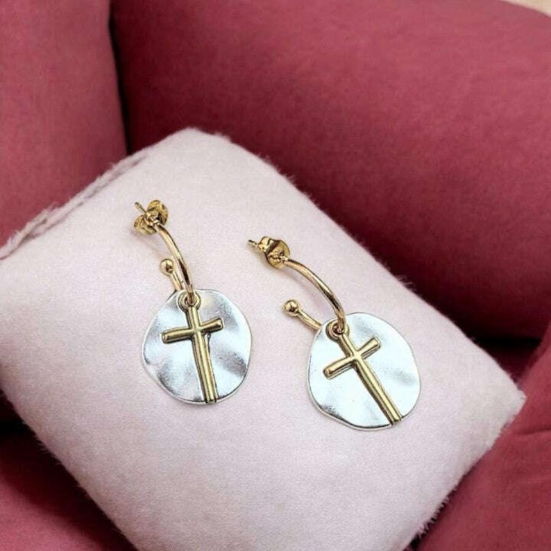 Cross Two-Tone Dangle Earrings - - LadybugfeetDesigns -