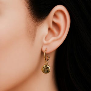Cross Gold Hoop earrings, Gold - 16mm - - LadybugfeetDesigns -