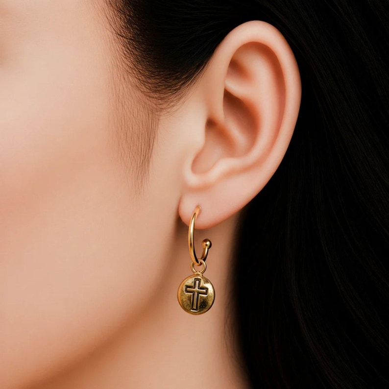 Cross Gold Hoop earrings, Gold - 16mm - - LadybugfeetDesigns -