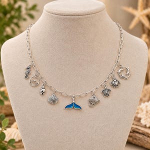 Ocean Lover Multi Charm Link Necklace, Silver - 20 inch - - LadybugfeetDesigns -