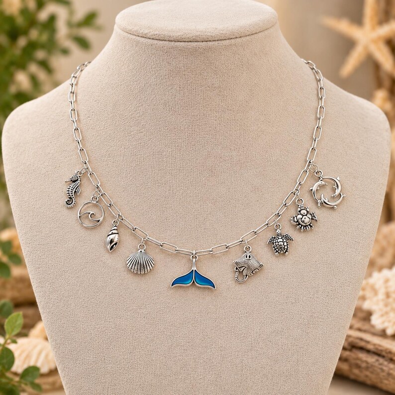 Ocean Lover Multi Charm Link Necklace, Silver - 20 inch - - LadybugfeetDesigns -