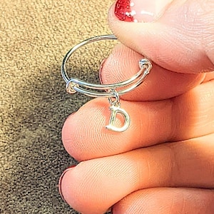 Sterling Silver Initial Charm Ring/Gift for her/Sterling Silver Mini Bangle - - LadybugfeetDesigns -
