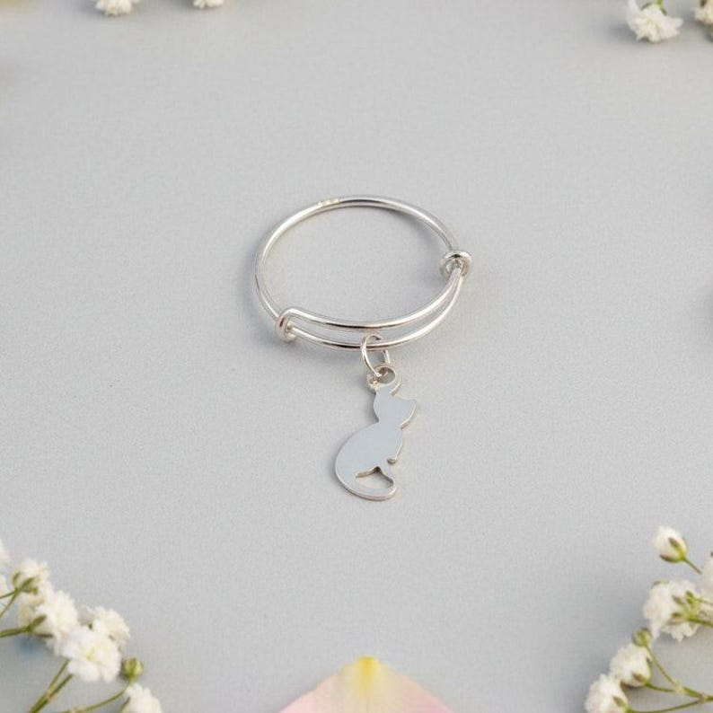 Kitten Adjustable Charm Ring, Silver - - LadybugfeetDesigns -