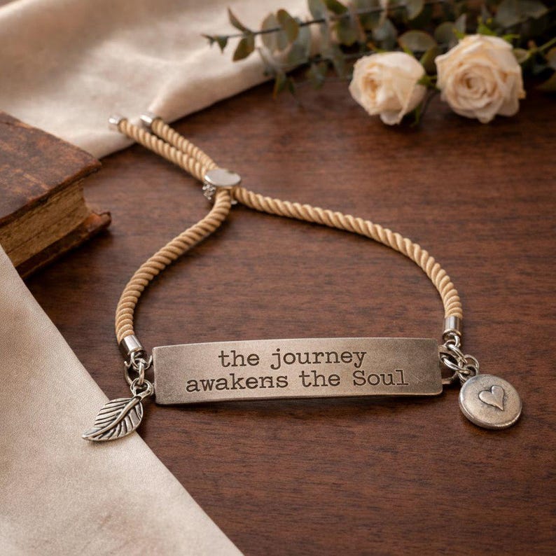 The Journey Awakens the Soul, Inspirational Quote Twisted rope bolo Bracelet - - LadybugfeetDesigns -