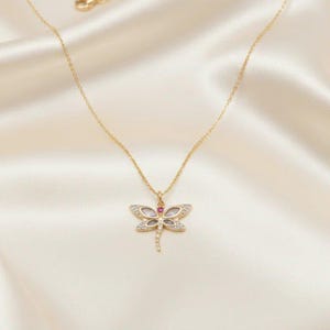 Dragonfly necklace, Gold - 20 inch - - LadybugfeetDesigns -