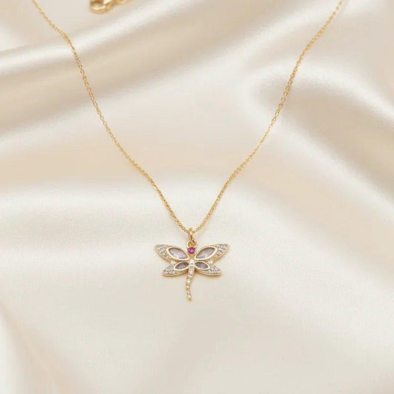 Dragonfly necklace, Gold - 20 inch - - LadybugfeetDesigns -